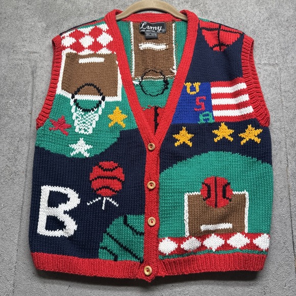 Vintage men's sports graphic knit sweater retro varsity preppy 80s‎ style M